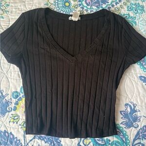 Black V-Neck Ribbed Women's Top